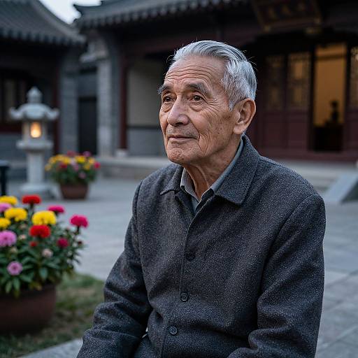 Photograph of an elderly Asian man with gray hair, wearing a dark gray coat, sitting outdoors in front of traditional Japanese buildings, surrounded by colorful p