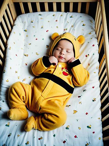 Newborn Baby in Pooh Costume Sleeping in Crib
