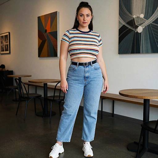 Photograph of a young woman with medium skin tone, black hair in a ponytail, wearing a striped crop top, high-waisted blue jeans