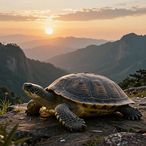 Photograph of a turtle with a detailed, patterned shell on a rocky ledge, set against a stunning mountain sunset with orange and pink skies.