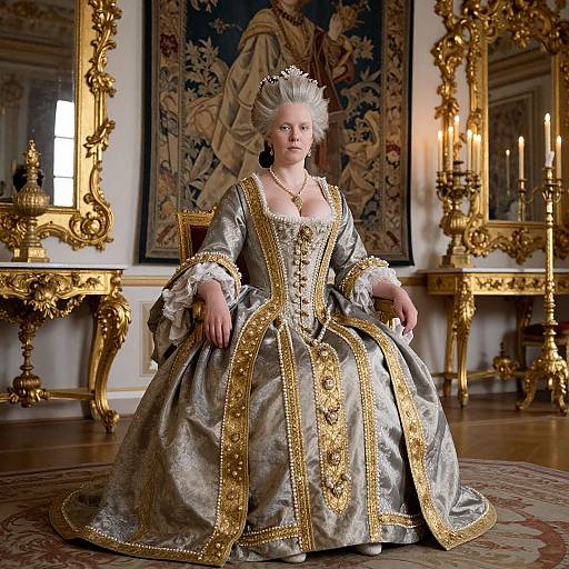 Photorealistic digital portrait of a regal, pale-skinned woman in an ornate, silver and gold baroque gown, seated in an op