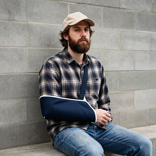 Man with Arm Sling Sitting by Concrete Wall