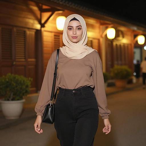 Photograph of a woman wearing a beige hijab, brown blouse, and black pants, carrying a black handbag, walking at night on a lit