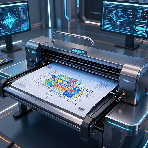 High-tech, futuristic 3D printer with a colorful map design, illuminated by blue and white lights, in a sleek, tech-filled room.