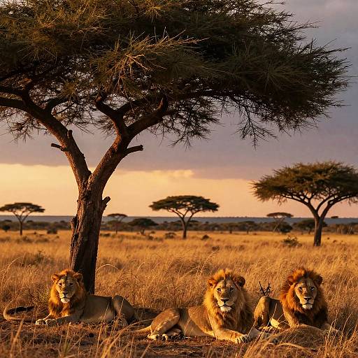 Photograph of three majestic lions lounging under a tree in a golden savanna at sunset, with acacia trees in the background.