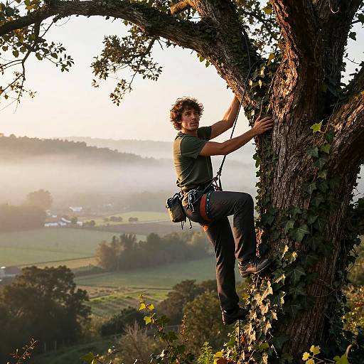 Photograph of a curly-haired man in a green shirt and black pants, climbing a vine-covered tree against a misty, sunlit countryside backdrop.