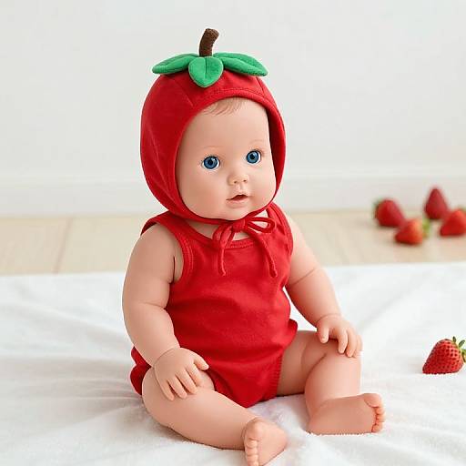 Photograph of a blue-eyed baby in a red strawberry-themed onesie with green leaf hat, sitting on a white surface, with strawberries in the blurred