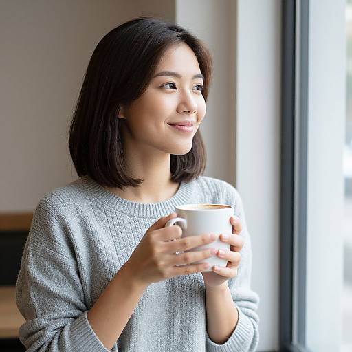 Photograph of a smiling Asian woman with shoulder-length black hair, wearing a gray knit sweater, holding a white mug, standing by a window.