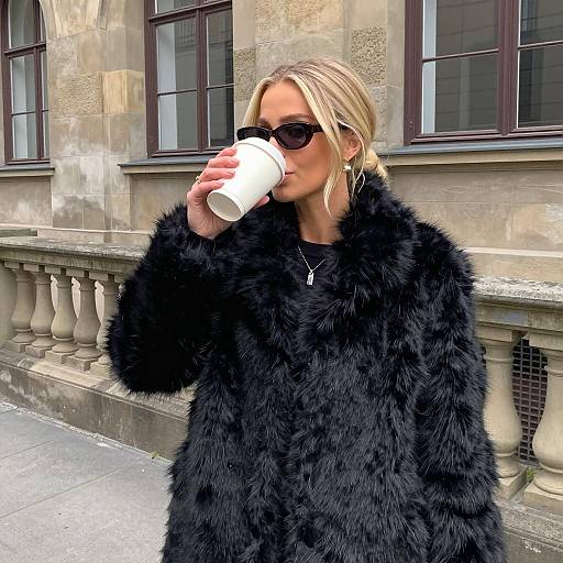 Blonde Woman Drinking Coffee in Black Fur Coat