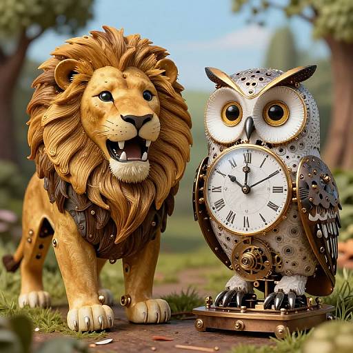 Photorealistic CGI of a detailed, mechanical owl clock and a majestic, lifelike lion statue standing on a grassy forest path.