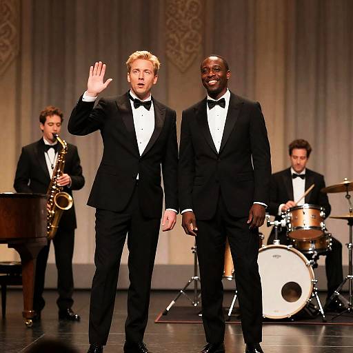 Elegant Duo on Stage with Musicians