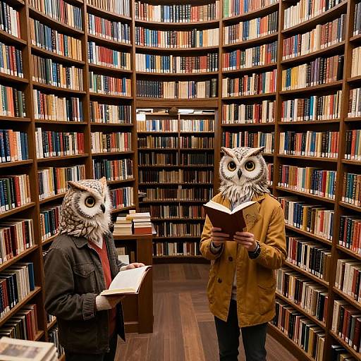 Photograph of two people wearing owl masks in a library, standing among tall bookshelves, both holding books and wearing coats.