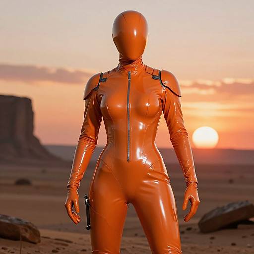 Photograph of a faceless, orange, glossy latex bodysuit-clad figure standing in a desert sunset, with a gun holster on the right