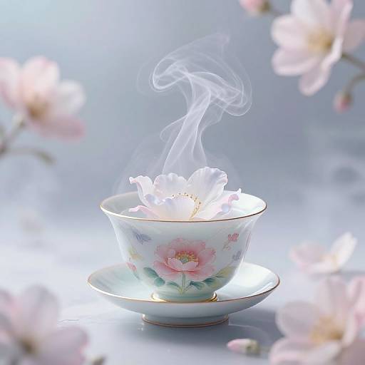 Photograph of a delicate, floral-patterned teacup with a steaming white rose, surrounded by soft-focus pink cherry blossoms, on a