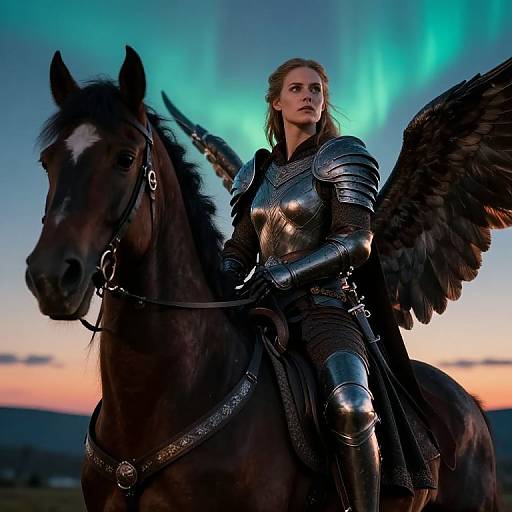 Photograph of a blonde woman in silver armor with black wings, riding a dark horse, against a twilight sky with vibrant green auroras.