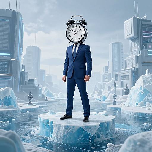 Photograph of a man in a blue suit with a clock for a head, standing on an ice platform in a futuristic, icy cityscape with skys