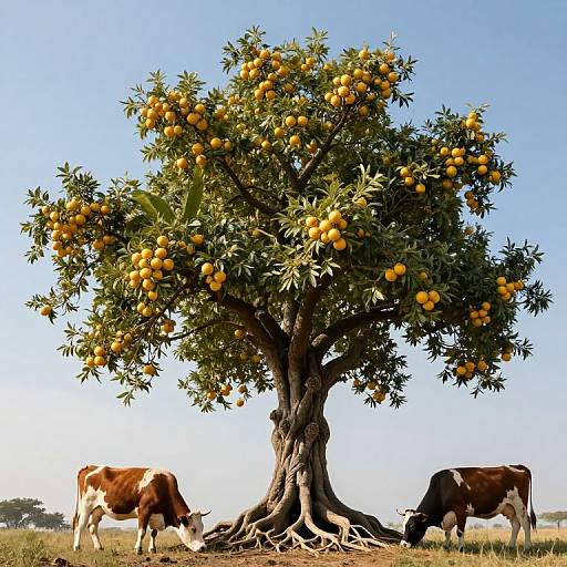 Photograph of a vibrant orange tree laden with fruit, standing in a grassy field, with two brown and white cows grazing beneath it under a clear