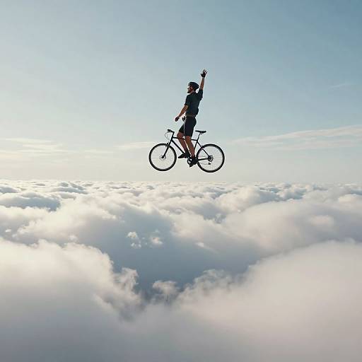 Photograph: Silhouetted woman in black shirt and shorts, riding bicycle, mid-air, above fluffy white clouds, under bright blue sky.