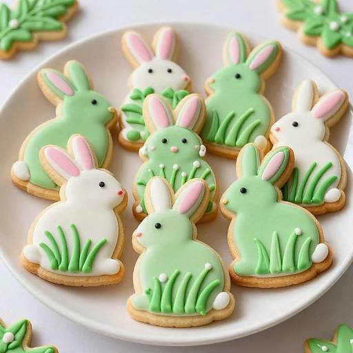 Photograph of decorated bunny-shaped cookies on a white plate, featuring green, pink, and white icing with grass details.