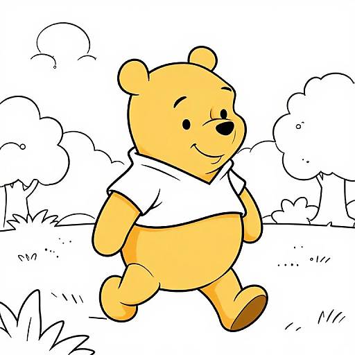 Cartoon-style drawing of a yellow bear with black eyes, nose, and a white shirt, running joyfully through a simple, black-and-white outdoor