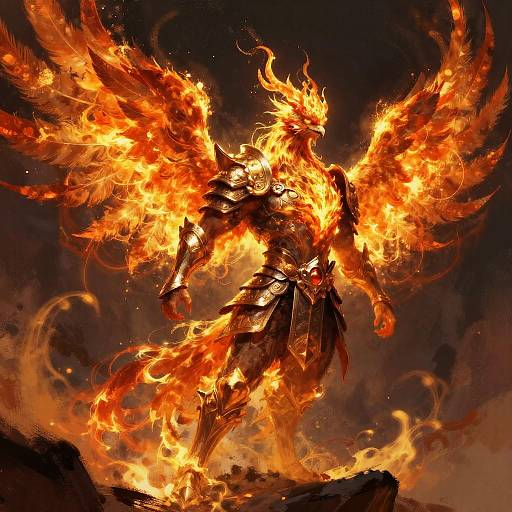Digital artwork of a fiery, winged, armored figure standing on a rock, engulfed in bright orange and yellow flames, against a dark, sm