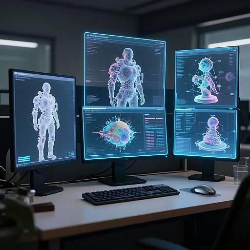 Photograph of a futuristic office desk with four glowing computer monitors displaying 3D anatomical models and a colorful molecular structure.