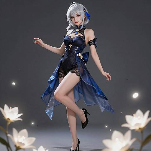 Anime Woman in Black Lace Dress