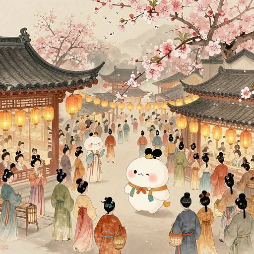 Whimsical anime-style illustration of a bustling Japanese cherry blossom festival at night, featuring lanterns, traditional kimonos, and a cute white ball