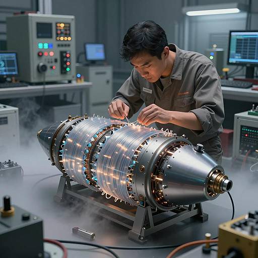 Engineer Repairing Futuristic Engine in High-Tech Lab