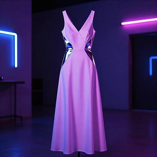 Photograph of a sleeveless, V-neck, white dress with a metallic sheen, illuminated by blue and pink neon lights in a dark room.