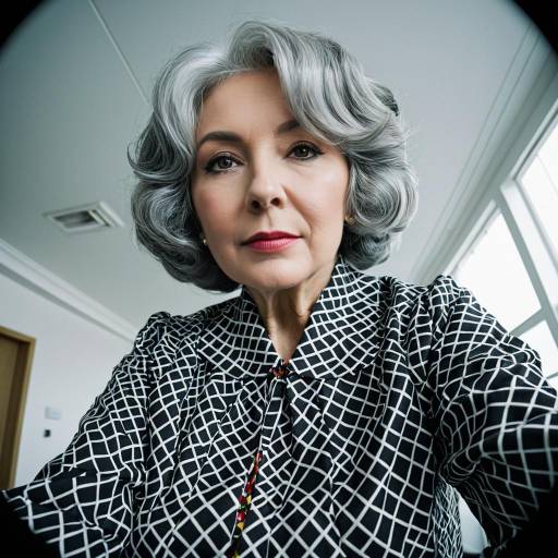 Elderly Woman in Patterned Blouse with Grey Hair