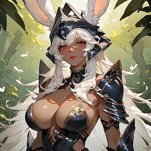 Digital anime-style drawing of a white-haired, red-eyed, bunny-eared warrior woman with large breasts, black armor, and glowing forest background.