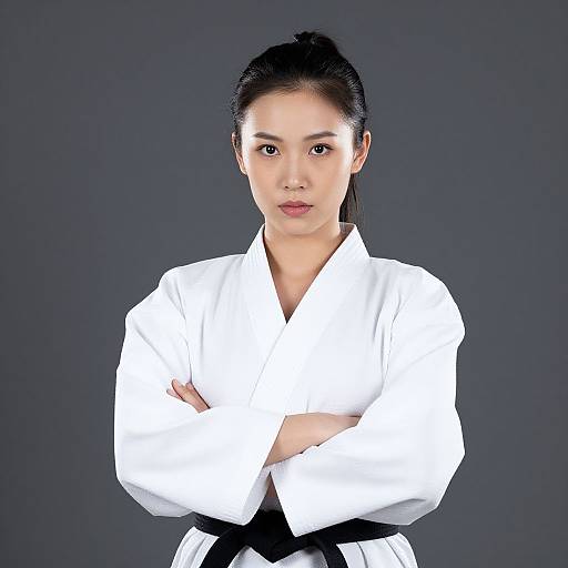 Photograph of an Asian woman with black hair in a bun, wearing a white karate gi with black belt, arms crossed, against a dark gray