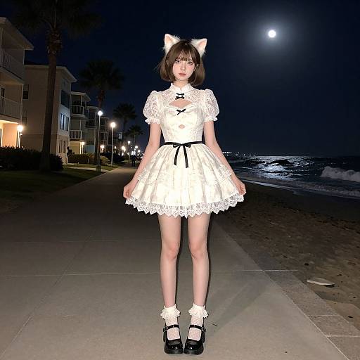 Photograph of a young woman in a white lace catgirl outfit with black bow, white cat ears, black shoes, standing on a moonlit beach