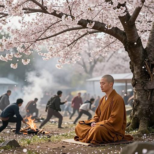 Serene Monk Amidst Chaotic Battlefield