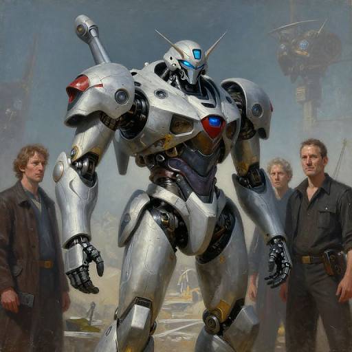 Digital painting of a towering, silver, robotic warrior with blue eyes, flanked by two men in black shirts, against a sci-fi industrial backdrop.