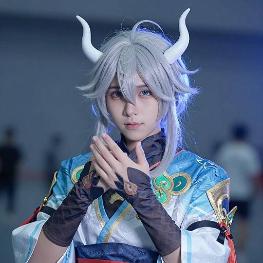 Cosplayer in Silver Hair and Kimono