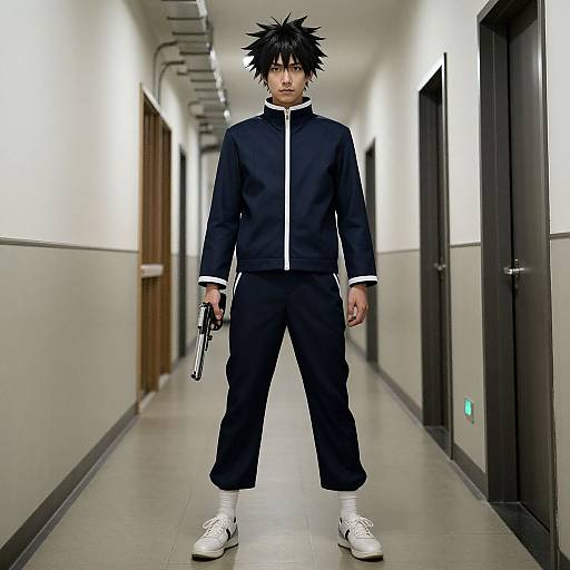 Digital art of anime-style young man with spiky black hair, wearing black tracksuit, white shoes, holding gun in long, brightly lit hallway.
