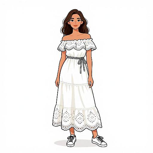 Digital illustration of a smiling woman with medium brown skin and wavy dark hair, wearing an off-shoulder white dress with dotted hem, and white