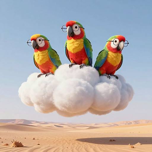Digital illustration of three colorful parrots with glasses sitting on a white cloud over a desert, clear blue sky background.