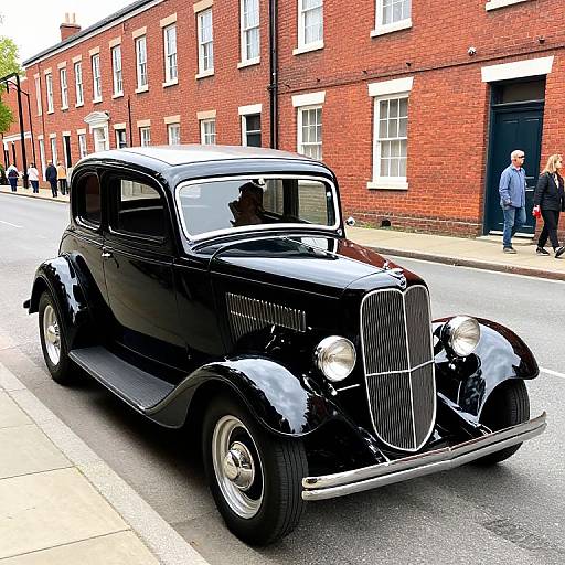 Photograph of a shiny black vintage sedan with a chrome grille, parked on a street in front of red-brick buildings. People walk in the background