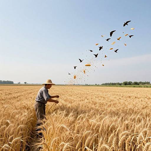 Photograph of a farmer in a straw hat, gray clothes, standing in a golden wheat field, scattering seeds with a hand, as blackbirds and