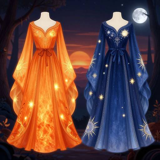 Photograph of two fantasy evening gowns: a glowing orange dress with fireflies and a starry blue dress with celestial patterns, displayed against a twilight
