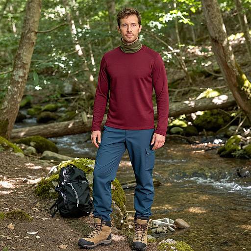 Photograph of a muscular, bearded man with short brown hair, wearing a maroon long-sleeve shirt, green turtleneck, navy