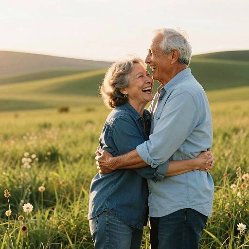 Elderly Couple Embracing in Sunlit Meadow
