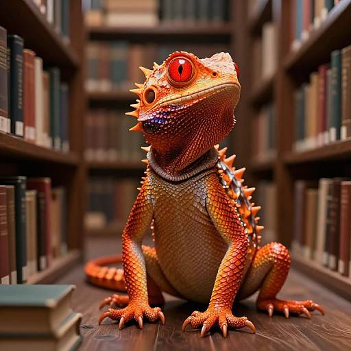 Digital artwork of a vividly colored, spiky red-orange iguana with large, glowing red eyes, sitting on a library floor between booksh