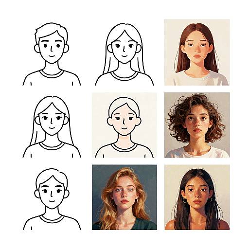Sketches of six women's faces alongside realistic photographs, showing progression from simple line drawings to detailed, textured portraits.
