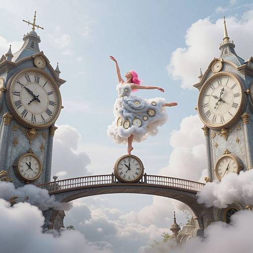 Digital art: Pink-haired woman in a white, cloud-like dress dances on a clock bridge between two tall, ornate clock towers, with a bright