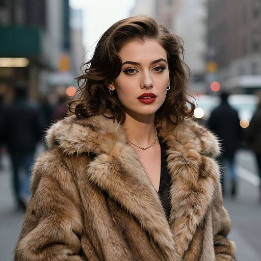 Photorealistic digital portrait of a fair-skinned woman with wavy brown hair, wearing a brown fur coat, red lipstick, and gold earrings,