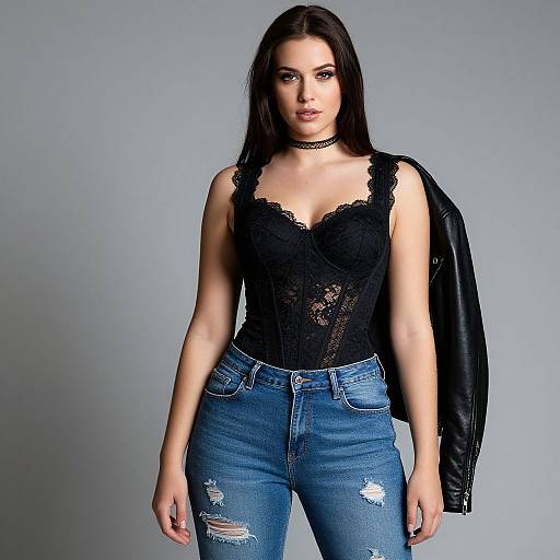 Photograph of a young woman with long black hair, wearing a black lace corset, blue distressed jeans, and a black choker, with a